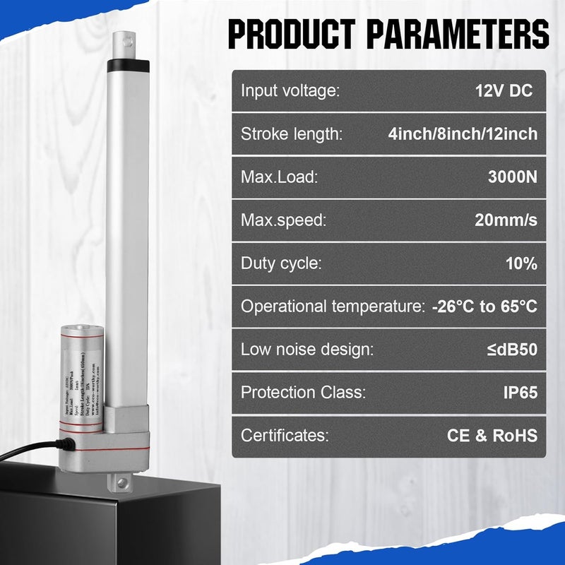 DC HOUSE 8 Inch (8") Stroke Linear Actuator 12V High Speed Actuator Motor 3000N/660lbs with Brackets Mounting DC 12V Linear Actuator with Reverse Polarity Toggle Switch - Image 2